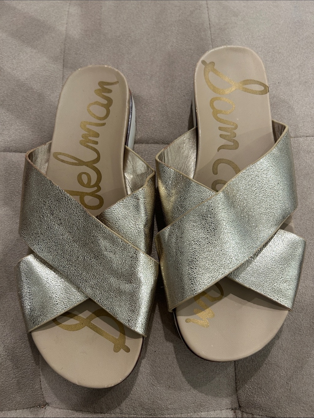 Sam Edelman Metallic Silver Crisscross Slide Sandals